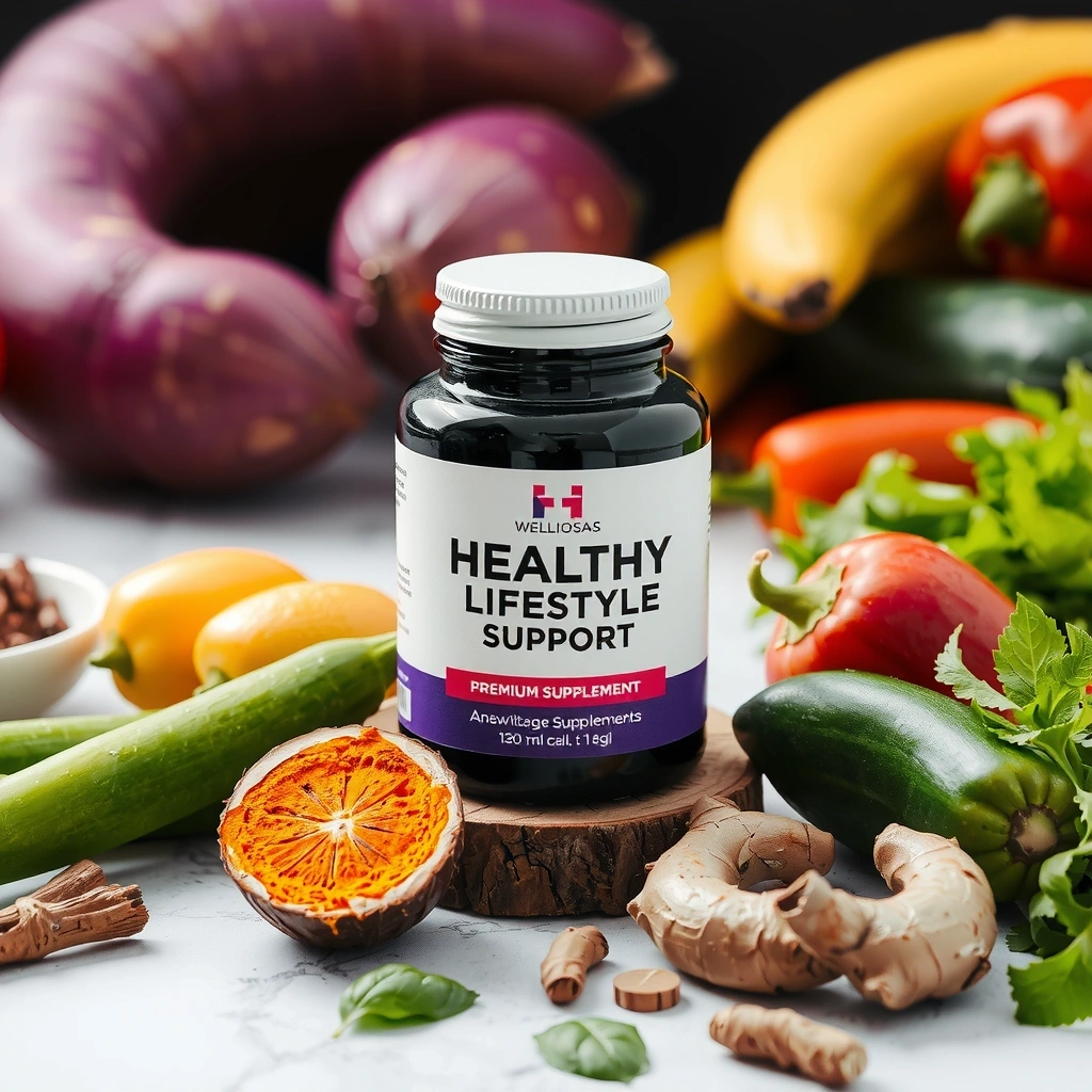Healthy Lifestyle Support supplement bottle with wellness ingredients