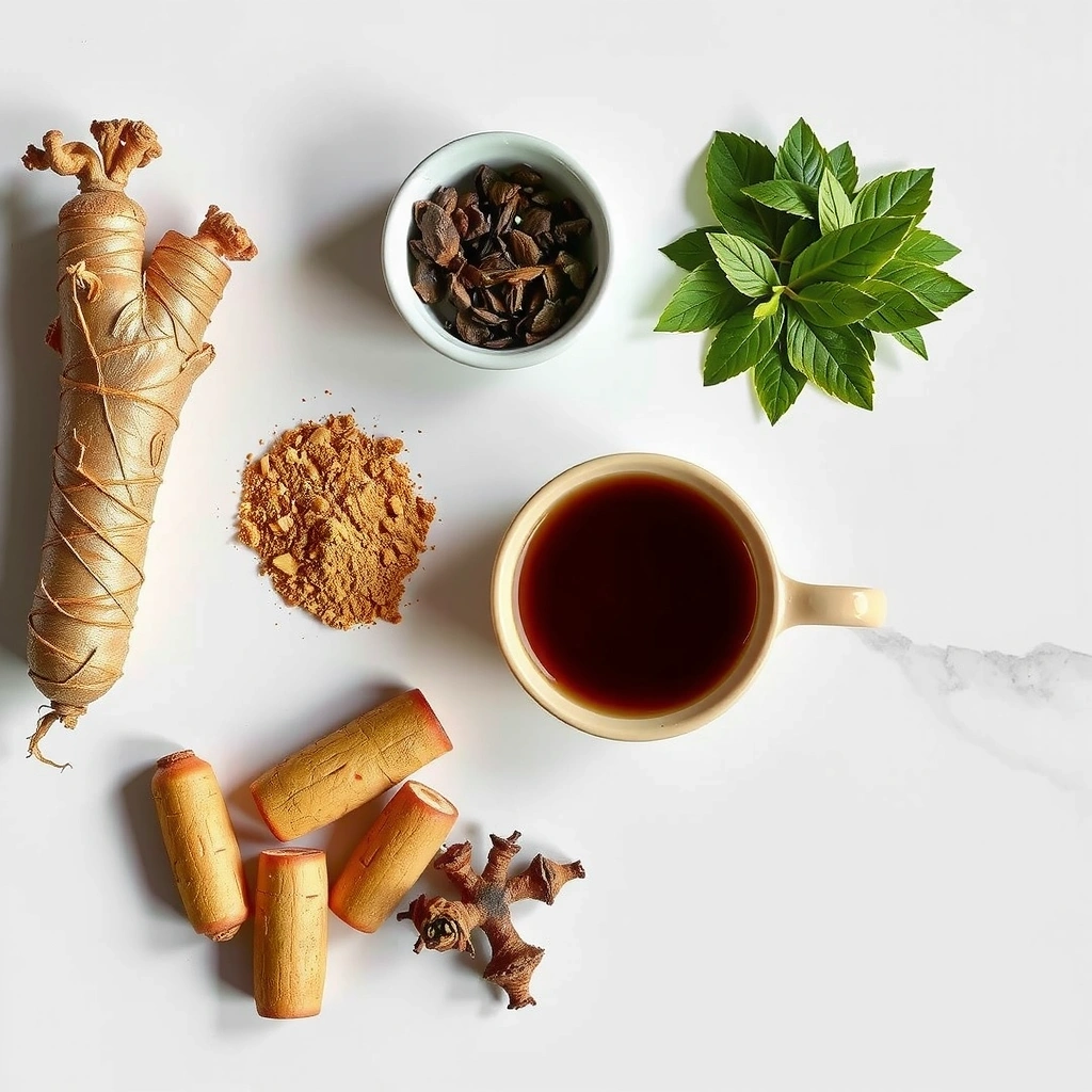 Natural ingredients including ginseng, maca root, and green tea leaves